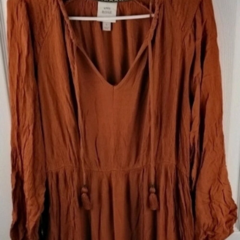 Women's Boho Cottagecore Prairie Dress Long Flowy Tassel Strings L Rayon Hippie